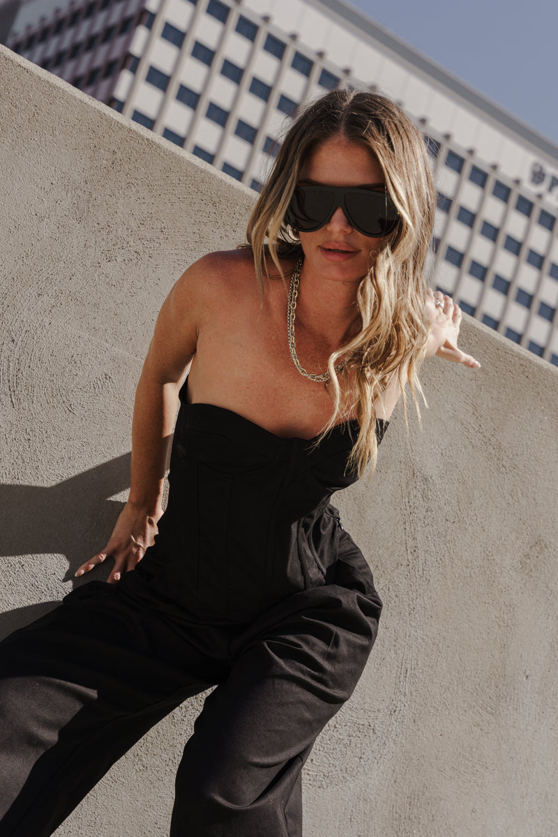 Sleeveless Corset Top And Wide Leg Barrel Pants Set Black