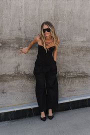 Sleeveless Corset Top And Wide Leg Barrel Pants Set Black