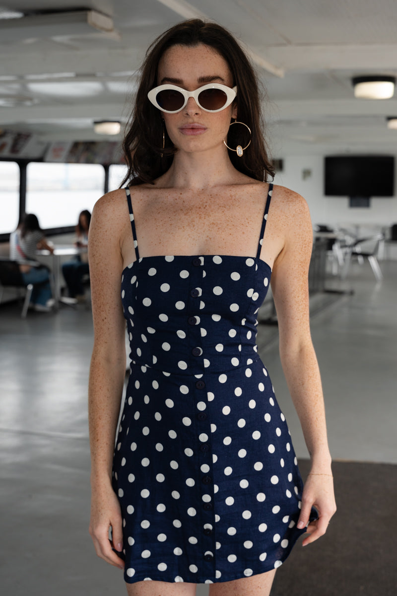 Sleeveless Button Down Polka Dot Print Linen Mini Dress Navy