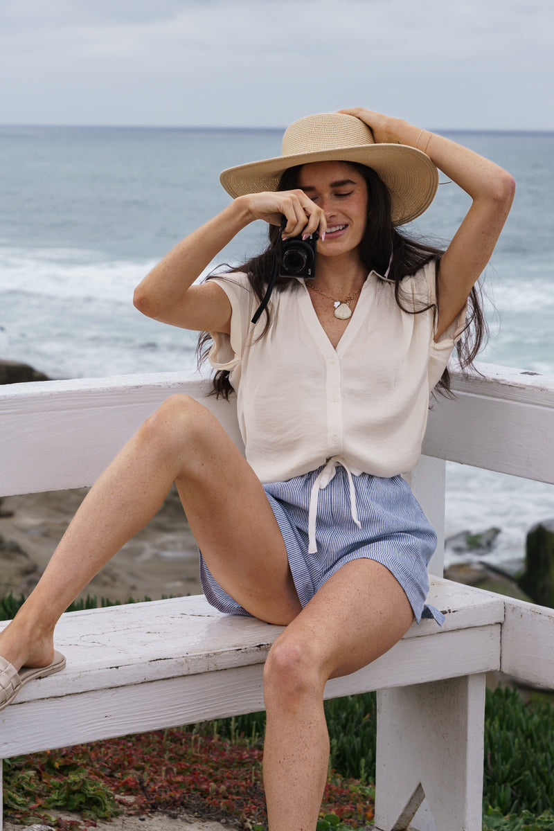 Short Sleeve Button Down Top Beige