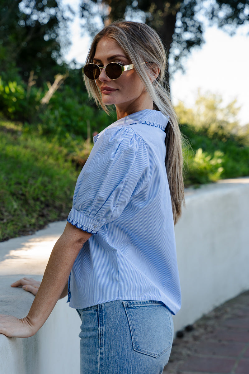 Short Puff Sleeve Button Down Stripe Print Contrast Stitch Top Blue
