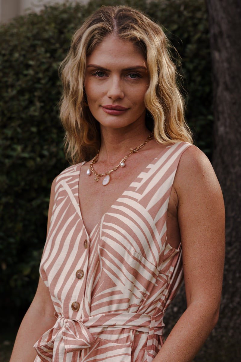 Sleeveless Belted Button Front Wide Leg Jumpsuit Rust