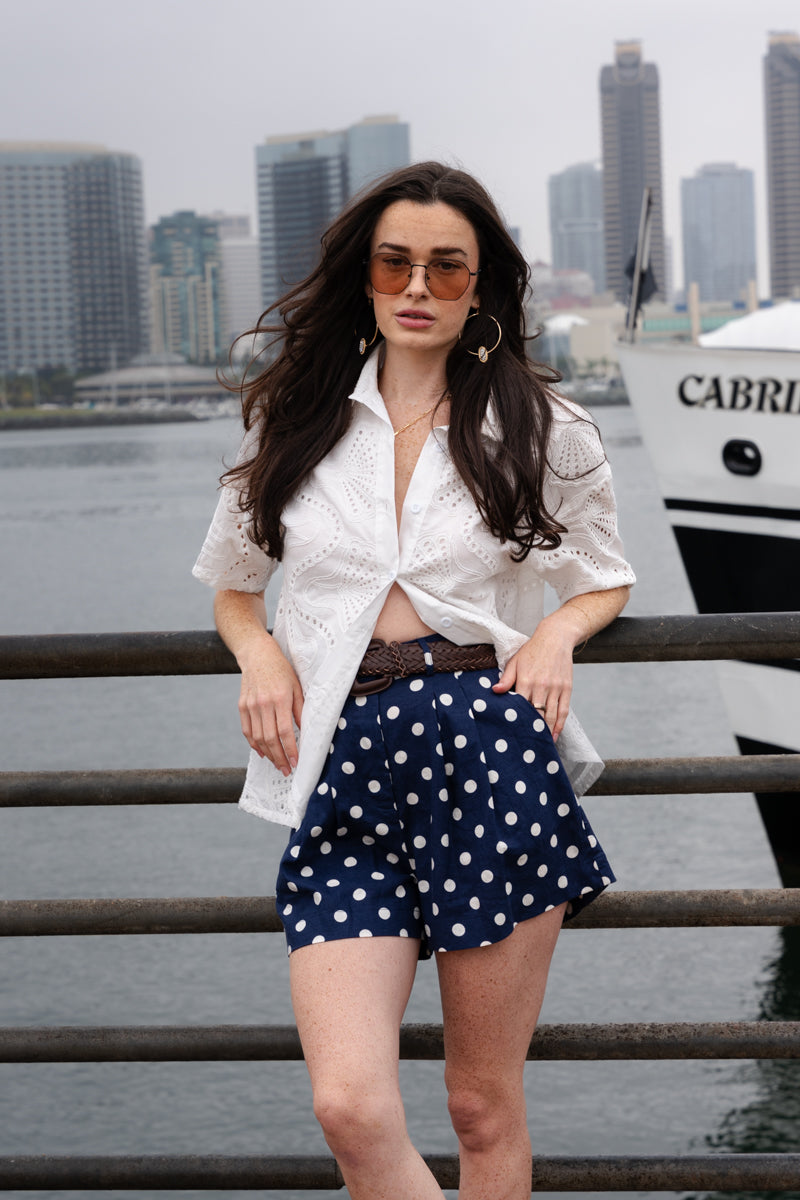  High Waist Polka Dot Print Shorts Navy