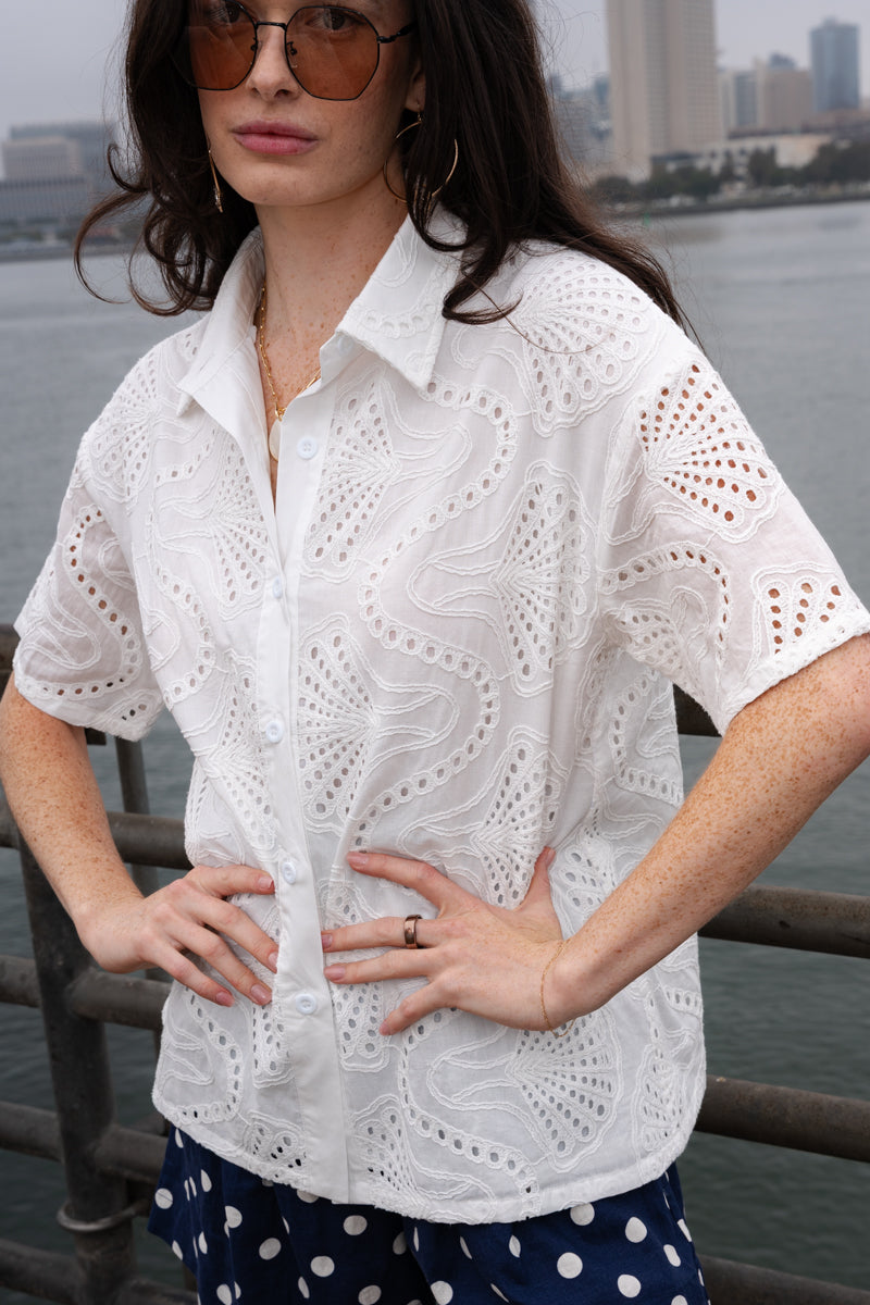 Short Sleeve Button Down Embroidered Eyelet Top White