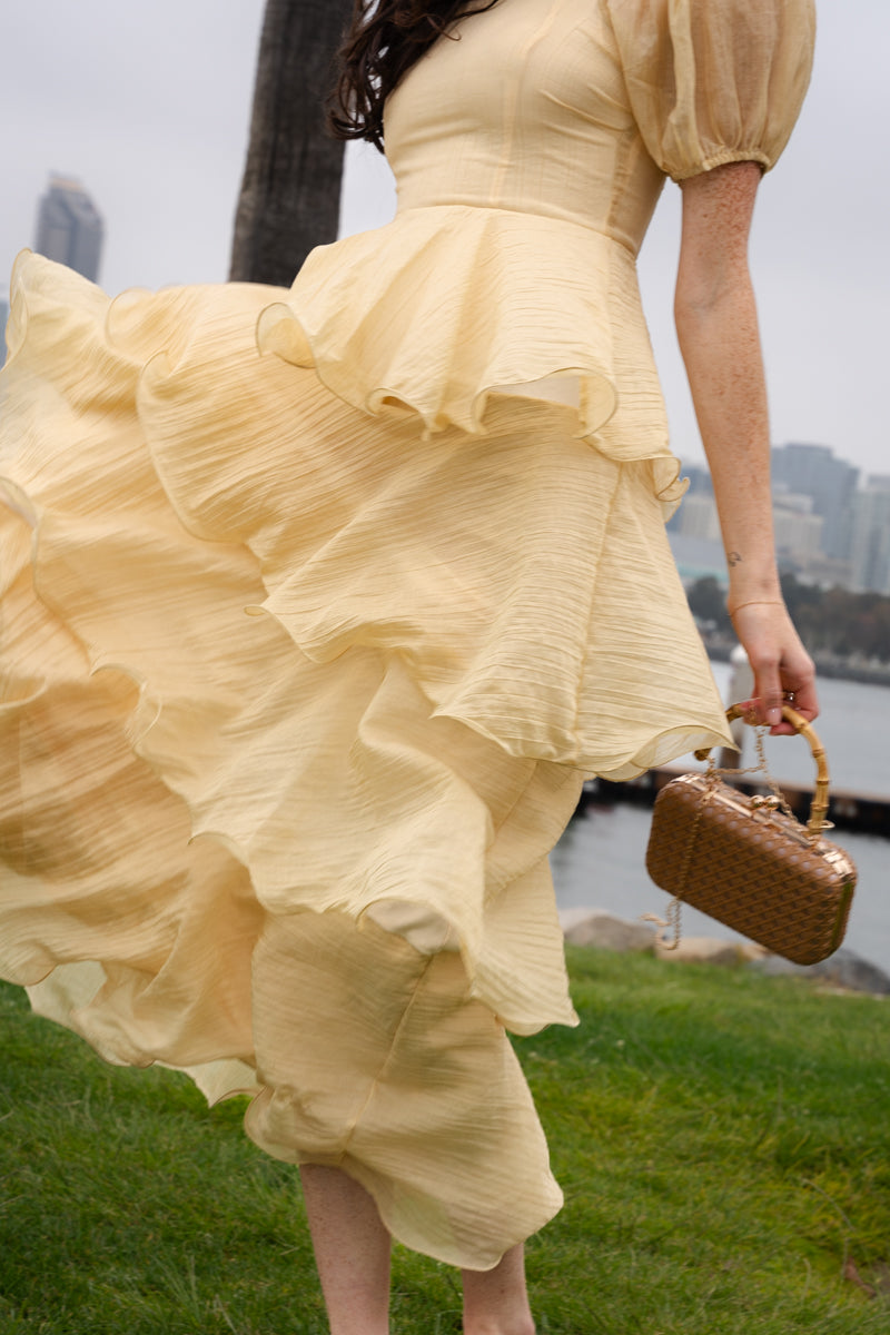 Short Puff Sleeve Tiered Maxi Dress Yellow