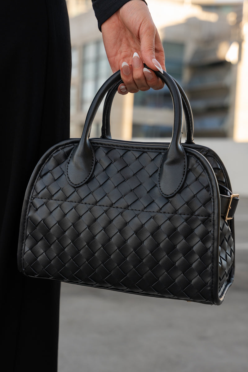 Top Handle Faux Leather Woven Handbag Black