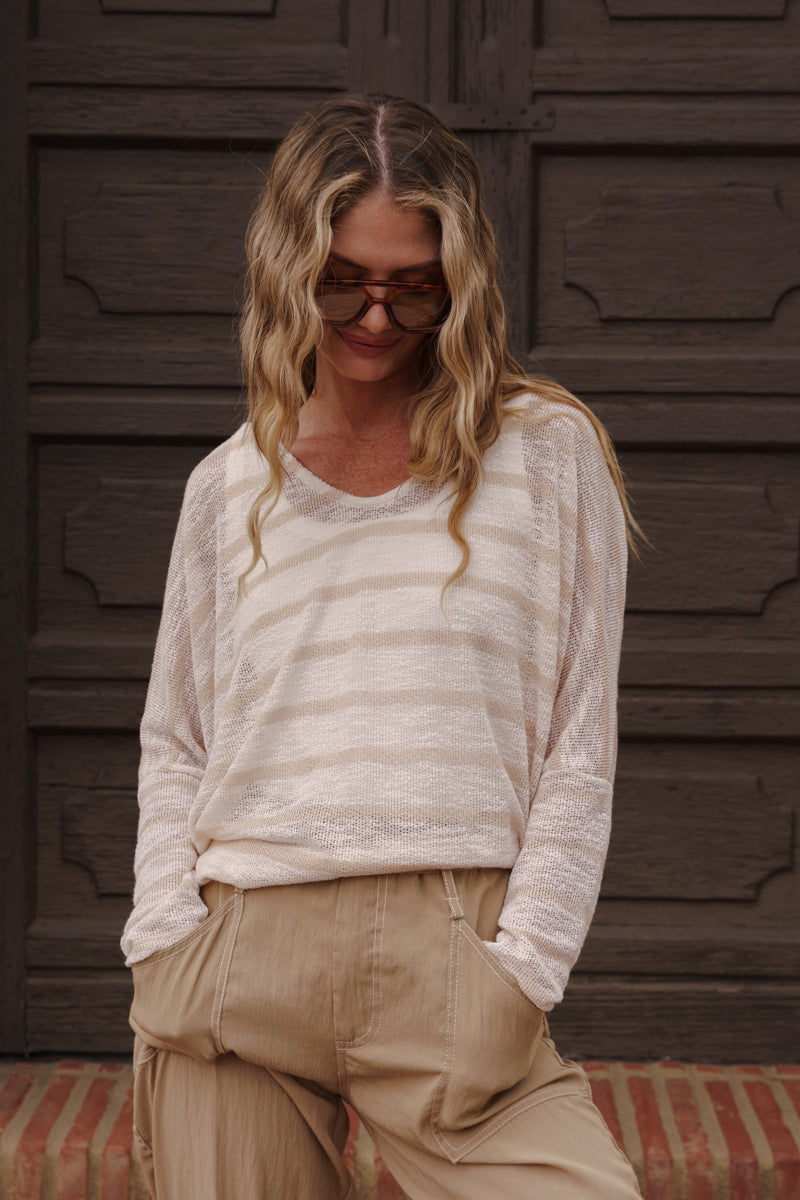 Long Sleeve Stripe Print Knit Top Taupe