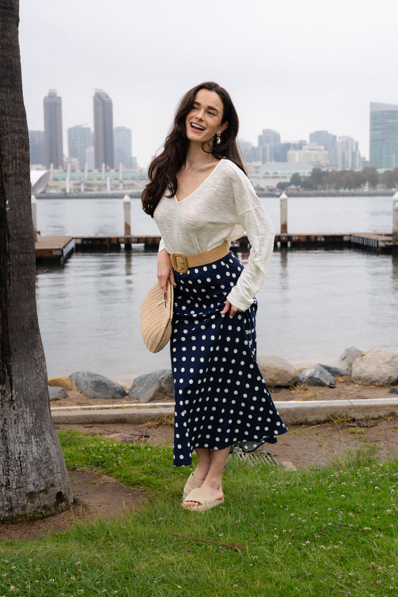 High Waist Polka Dot Print Maxi Skirt Navy