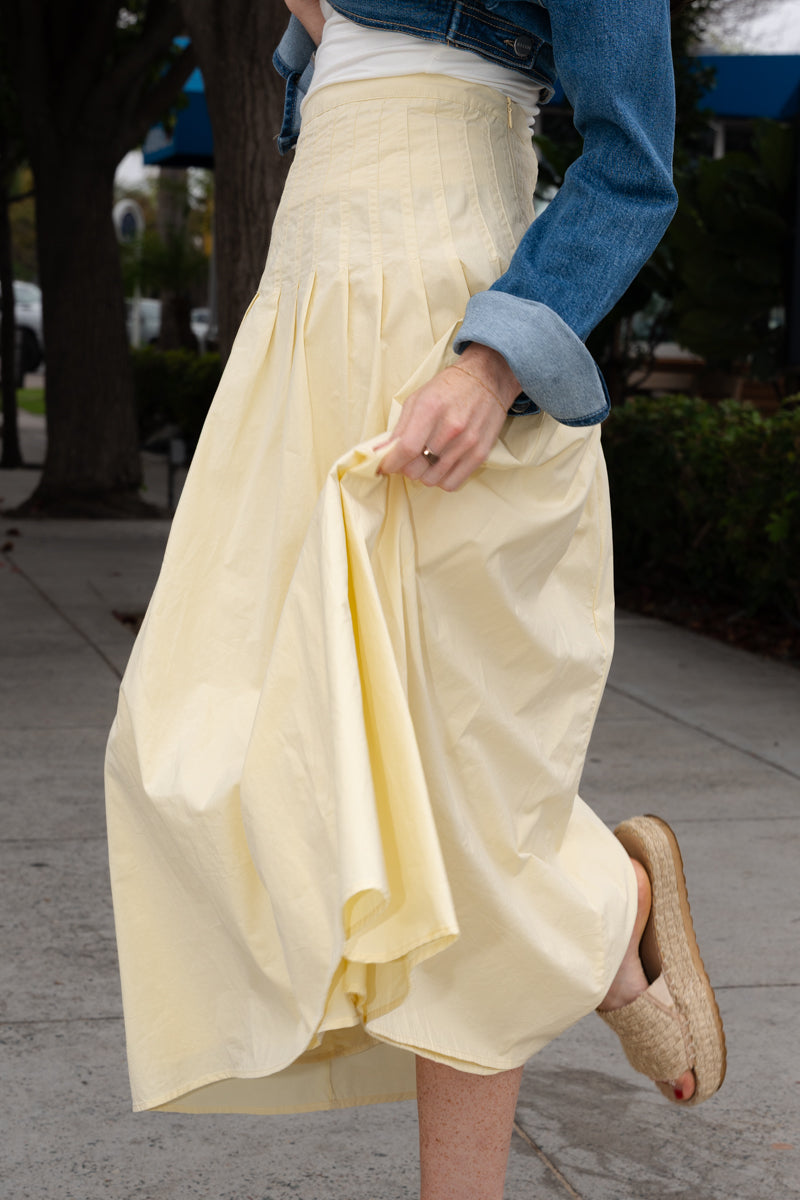 High Waist Pleated Midi Skirt Yellow