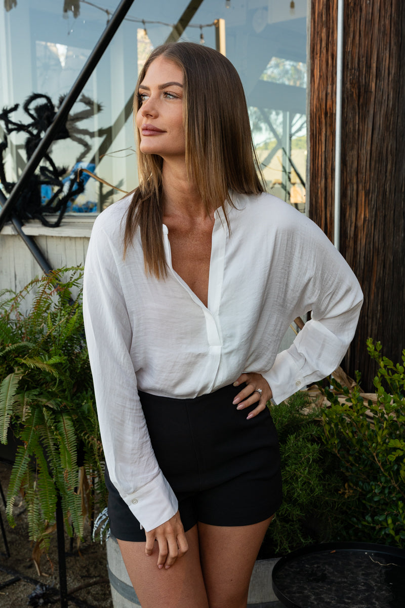 Long Sleeve Button Down Satin Top White