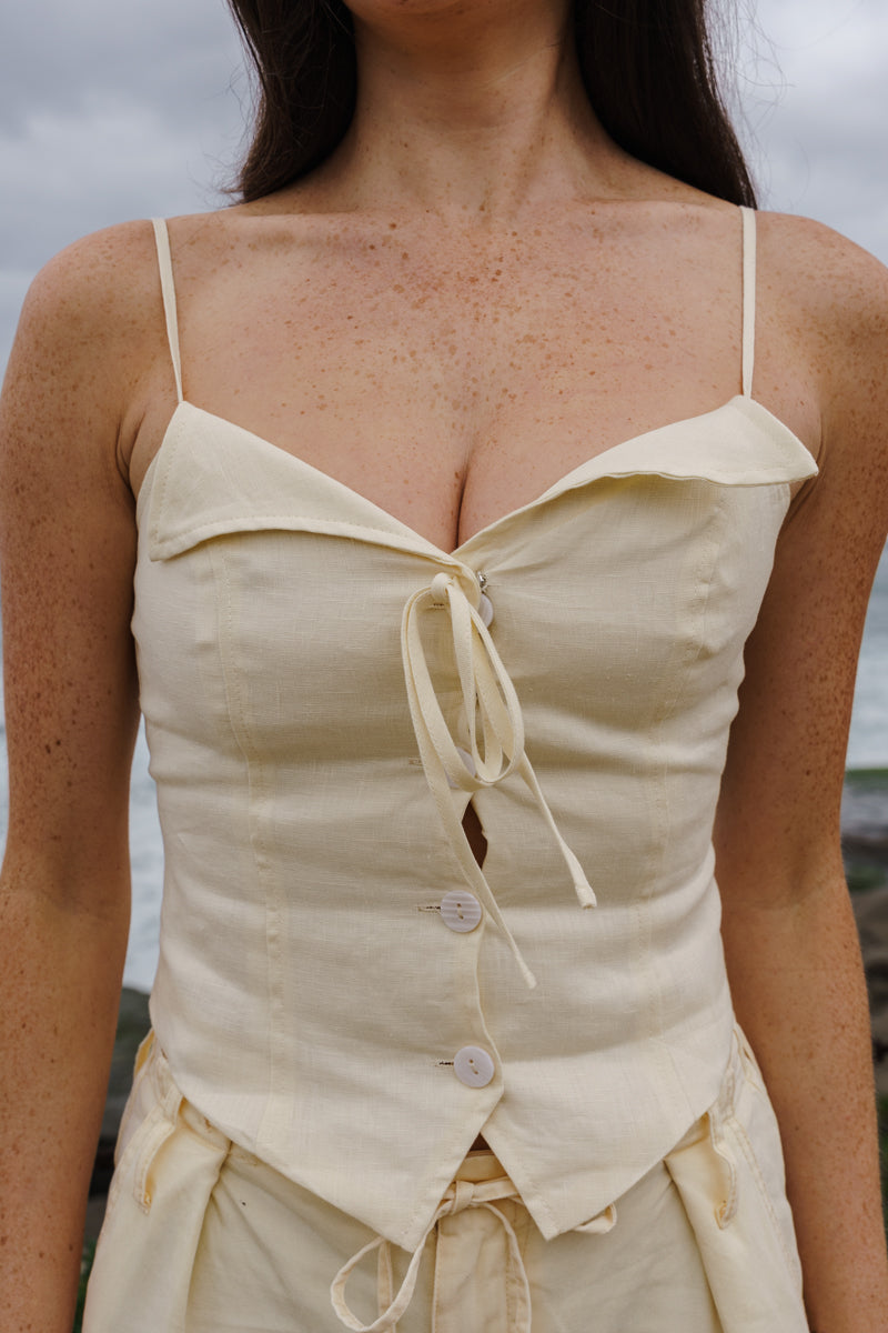 Sleeveless Button Front Linen Cami Top Yellow