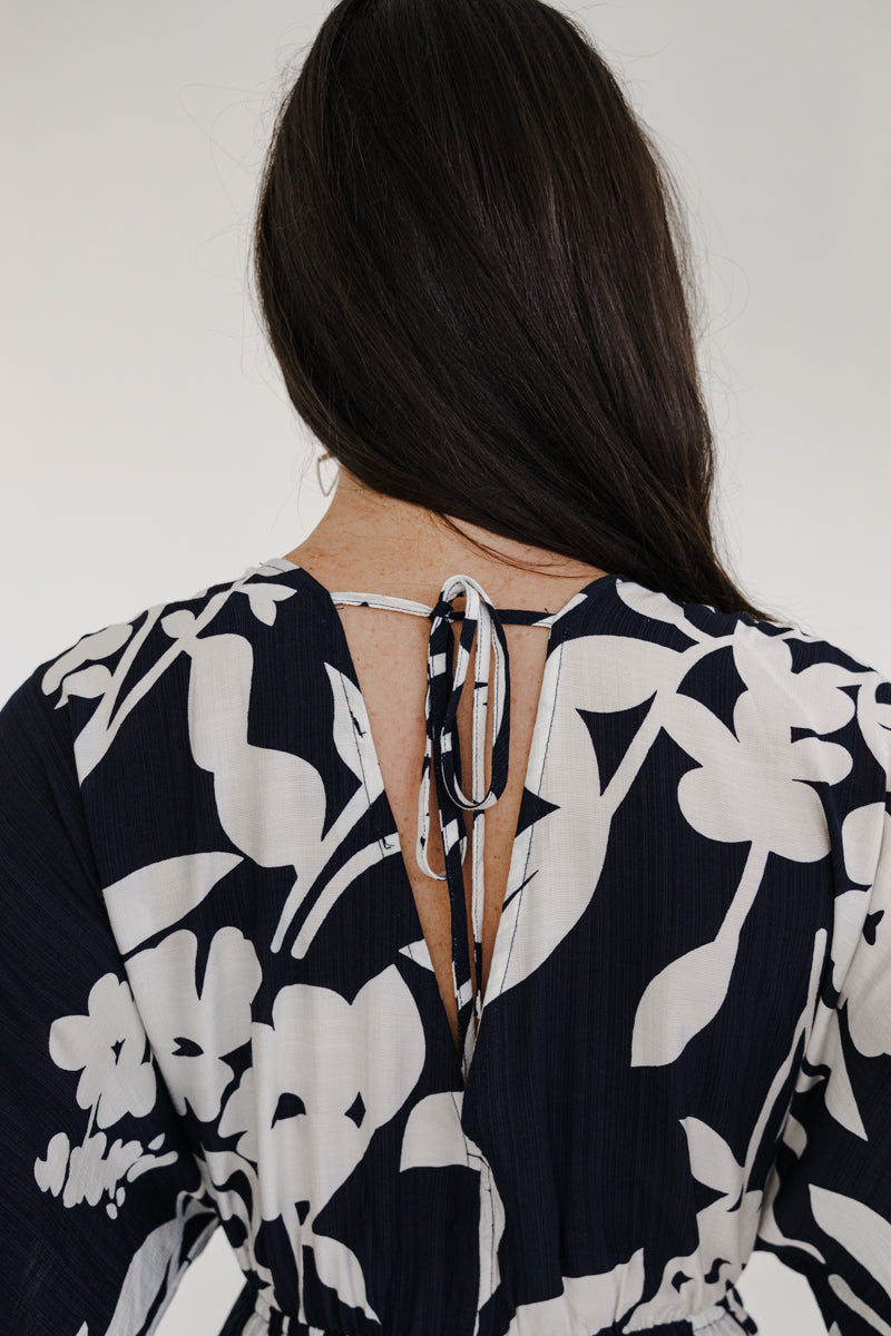 Short Sleeve Waist Tie Floral Print Wide Leg Jumpsuit Navy