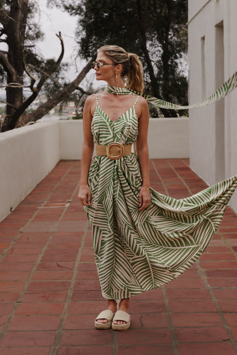 Gold Circular Buckle Straw Waist Belt Khaki