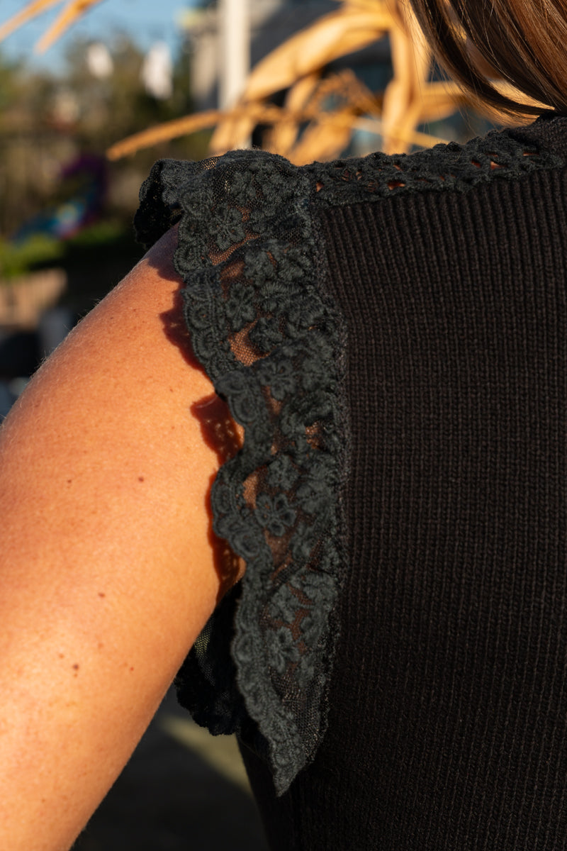 Cap Sleeve Crochet Knit Top Black