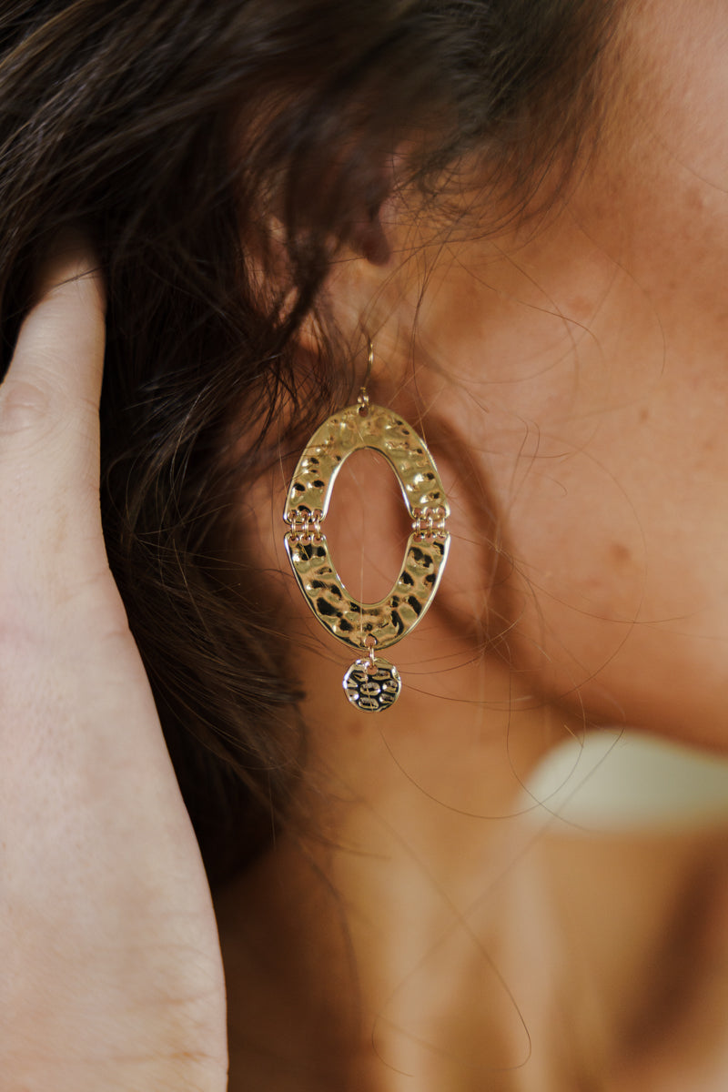 Open Oval Hammered Dangle Earrings Gold