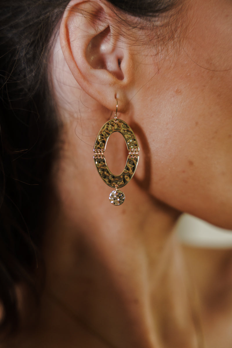 Open Oval Hammered Dangle Earrings Gold