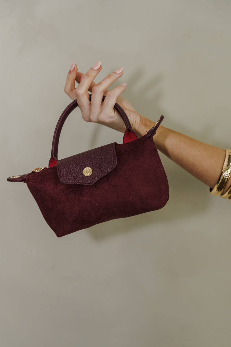 Double Top Handle Faux Leather Mini Handbag Burgundy