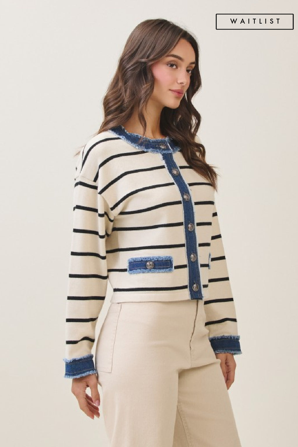 Long Sleeve Button Down Denim Trim Stripe Print Knit Cardigan Cream