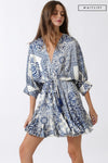 3/4 Dolman Sleeve Waist Tie Abstract Print Mini Dress Navy
