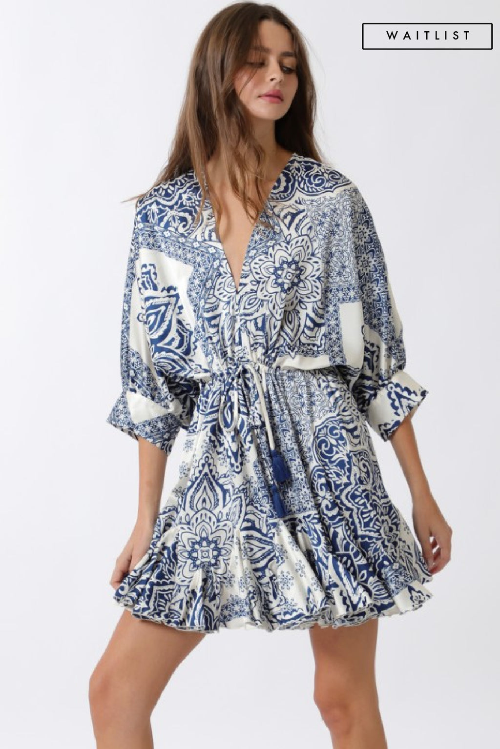 3/4 Dolman Sleeve Waist Tie Abstract Print Mini Dress Navy