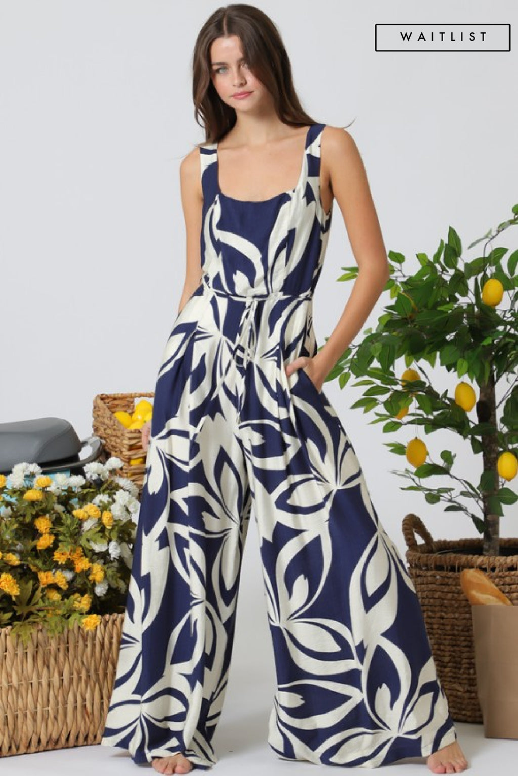 Sleeveless Waist Tie Abstract Print Wide Leg Jumpsuit Navy