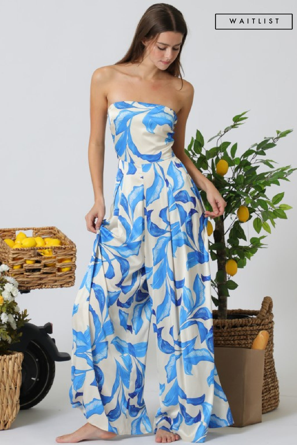 Sleeveless Back Tie Tropical Print Wide Leg Jumpsuit Blue