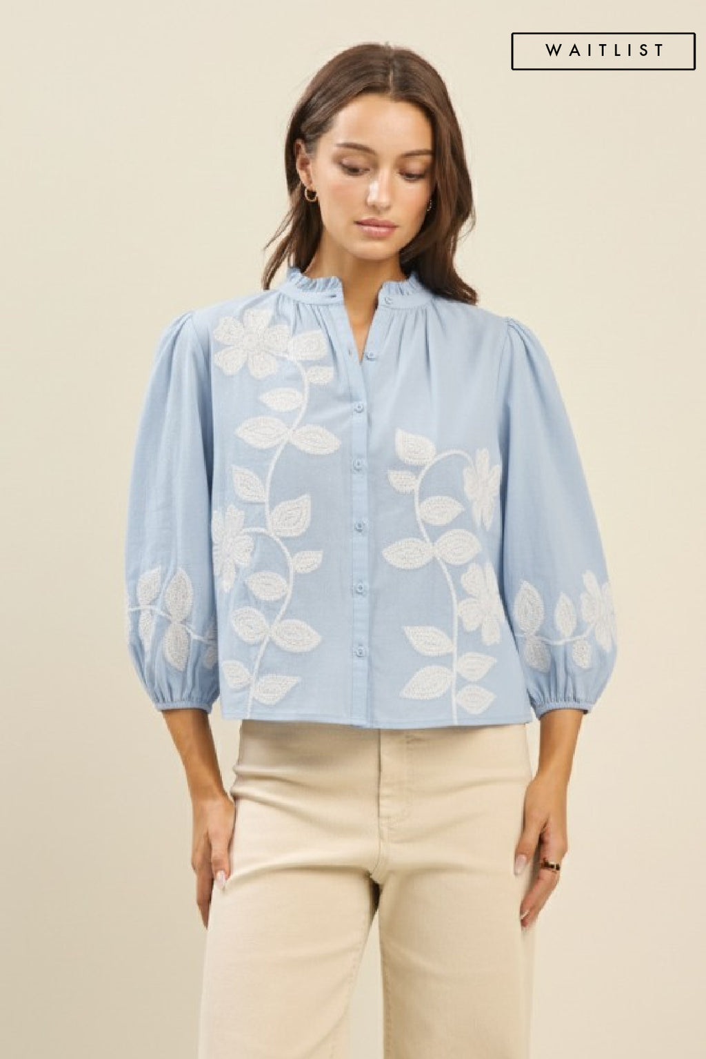  3/4 Sleeve Button Down Floral Embroidered Top Blue