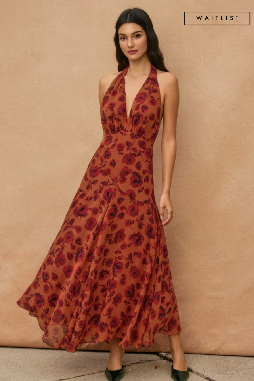 Sleeveless Halter Floral Print Midi Dress Rust