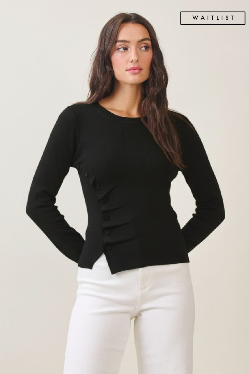  Long Sleeve Button Down Knit Top Black