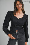 Long Puff Sleeve Button Down Scalloped Top Black