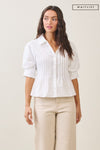  Short Puff Sleeve Button Down Pintuck Top Ivory