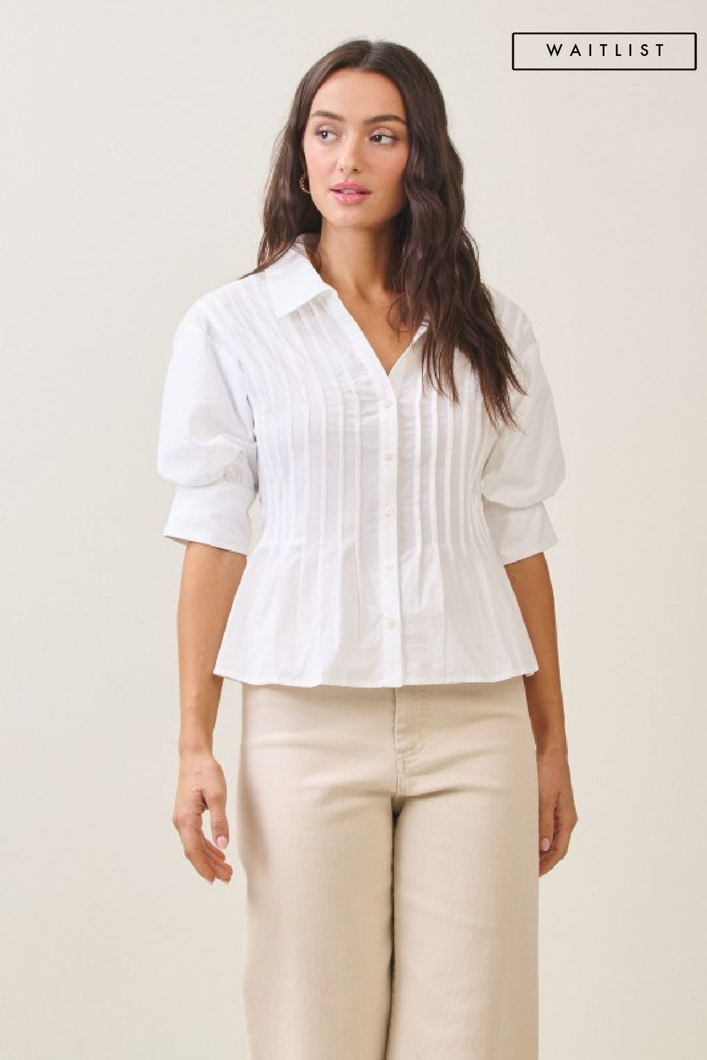  Short Puff Sleeve Button Down Pintuck Top Ivory