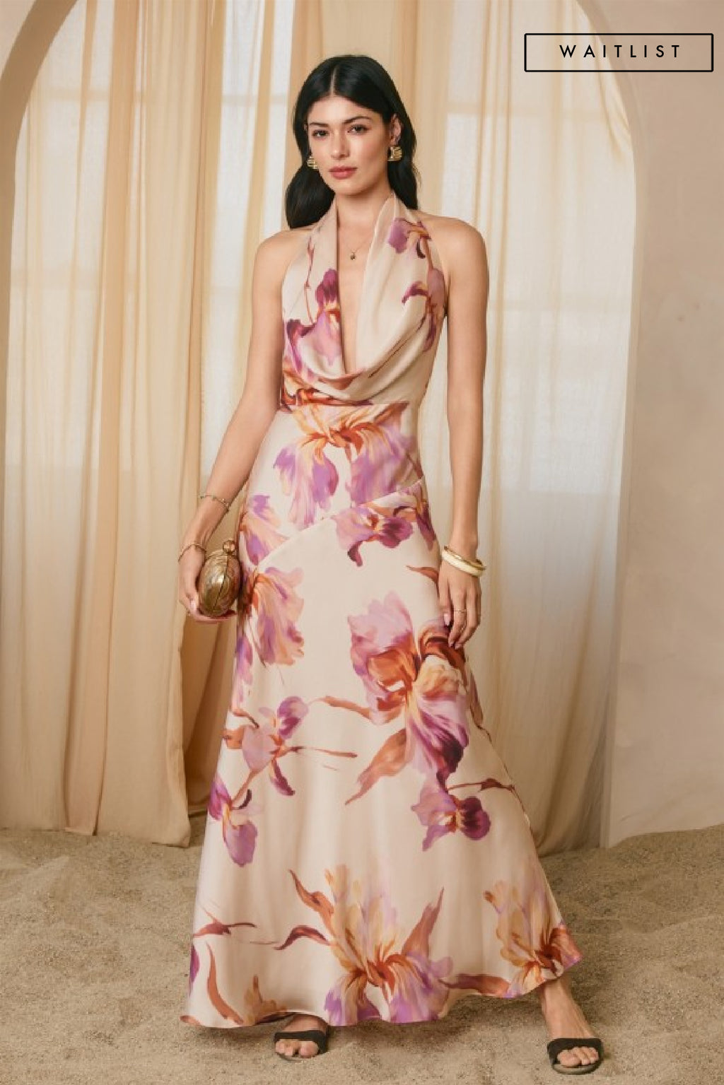 Sleeveless Halter Floral Print Maxi Dress Pink