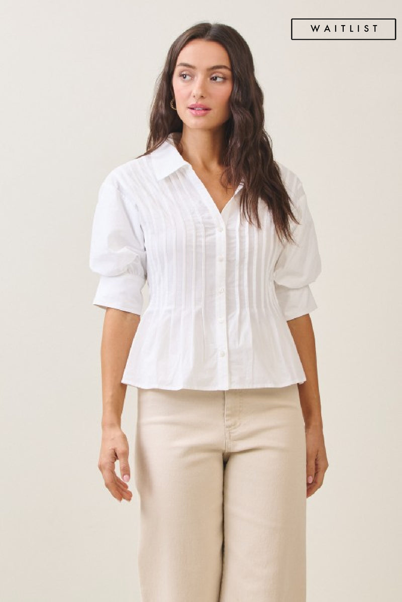  Short Puff Sleeve Button Down Pintuck Top Ivory