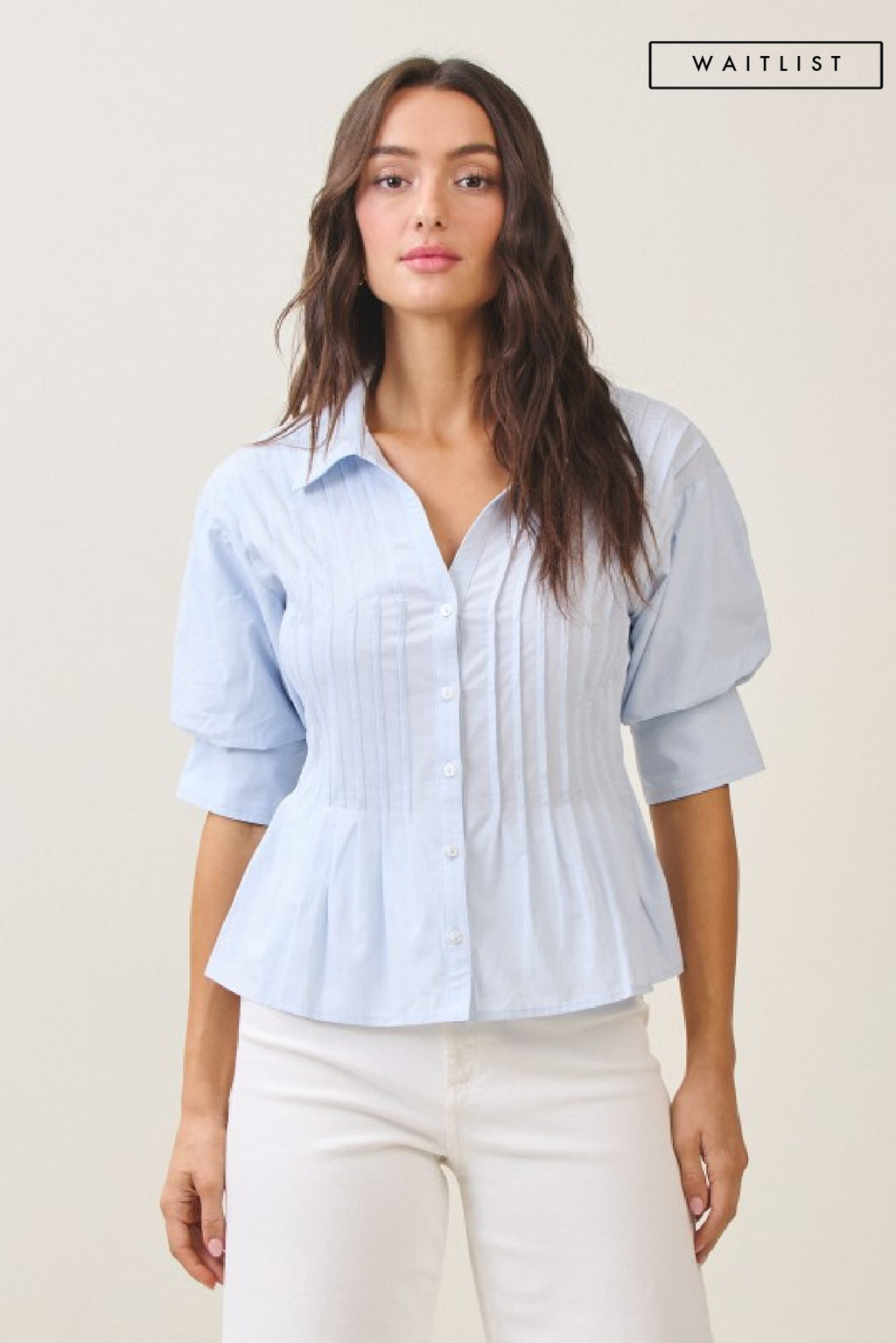 Short Puff Sleeve Button Down Pintuck Top Blue