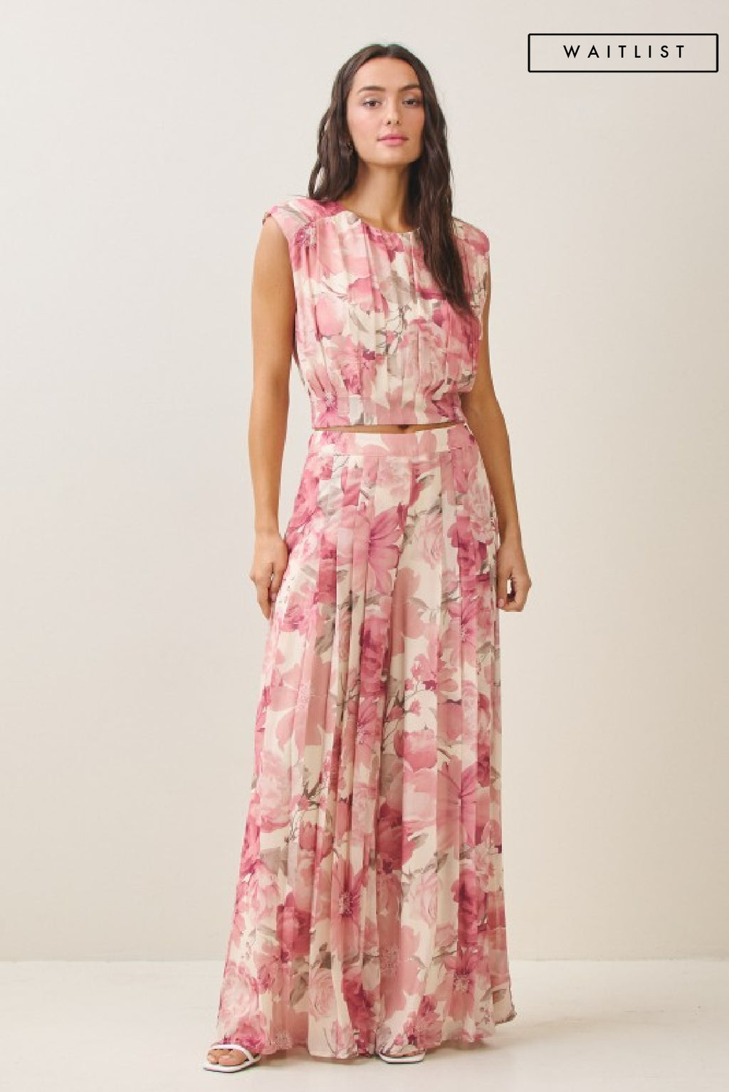 Sleeveless Floral Print Pleated Top Pink