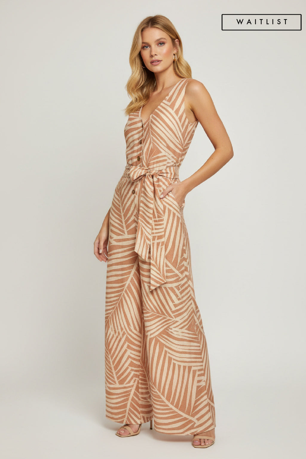 Sleeveless Belted Button Front Wide Leg Jumpsuit Rust