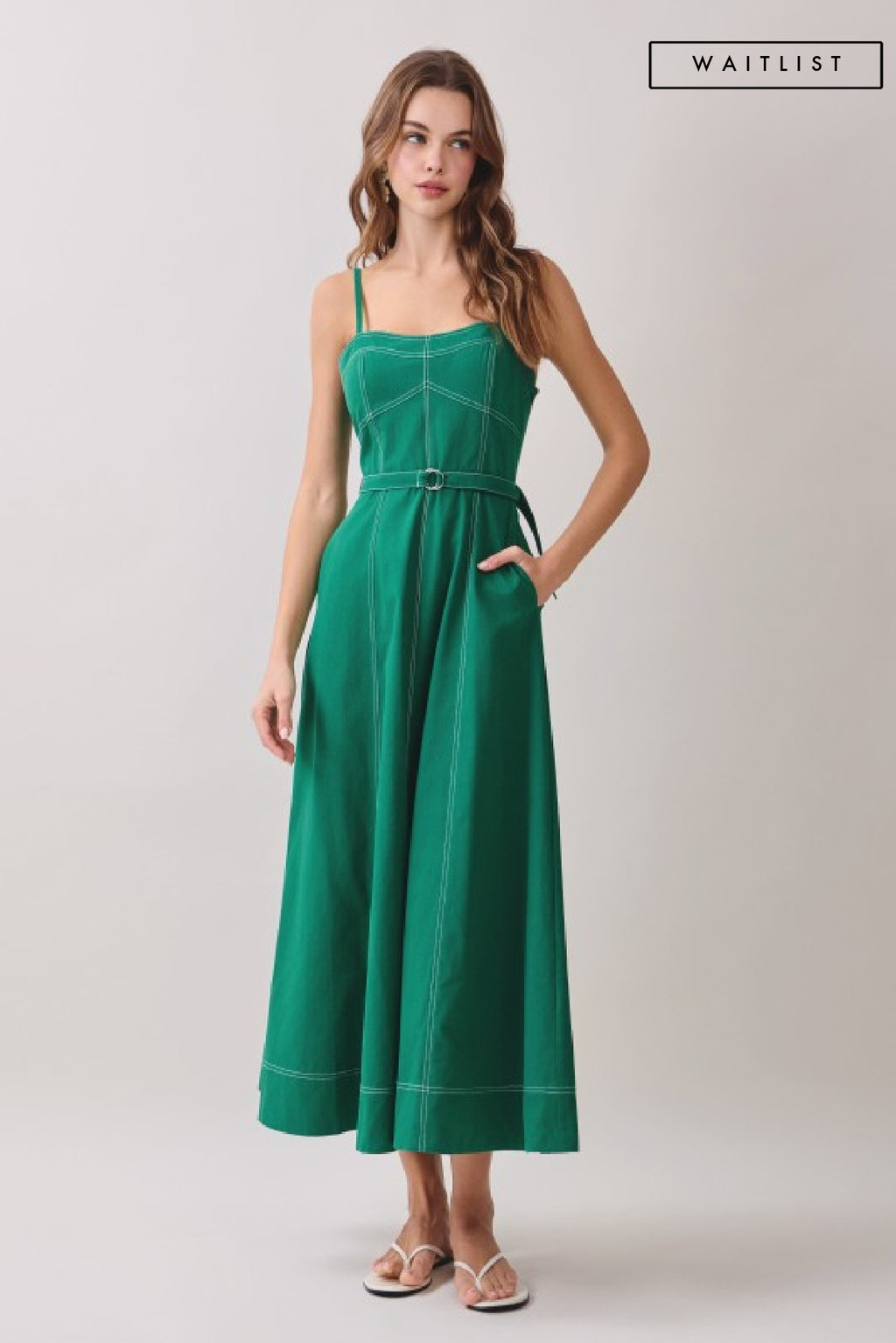 Sleeveless Contrast Stitch Belted Midi Dress Green
