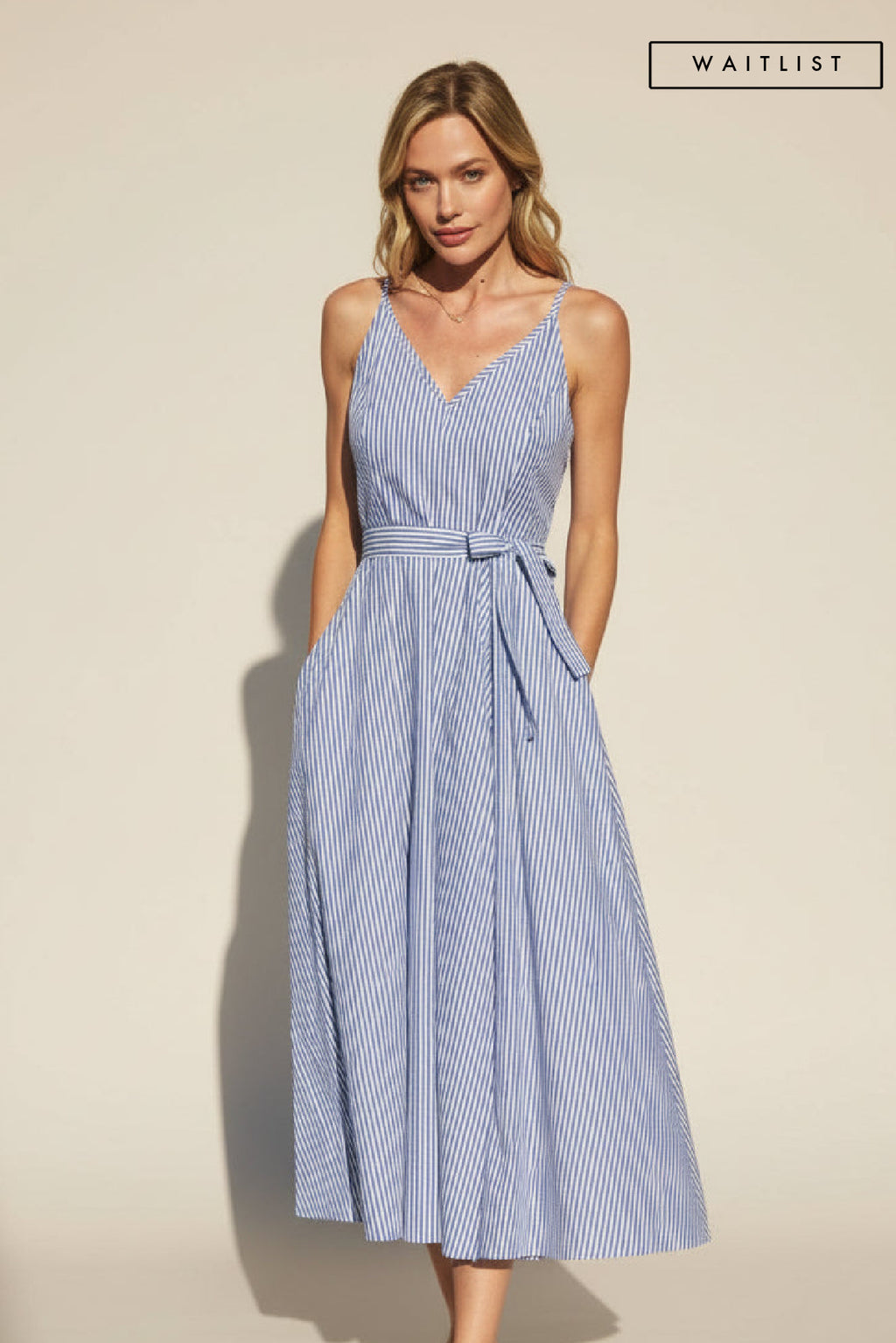 Sleeveless Waist Tie Stripe Print Maxi Dress Blue