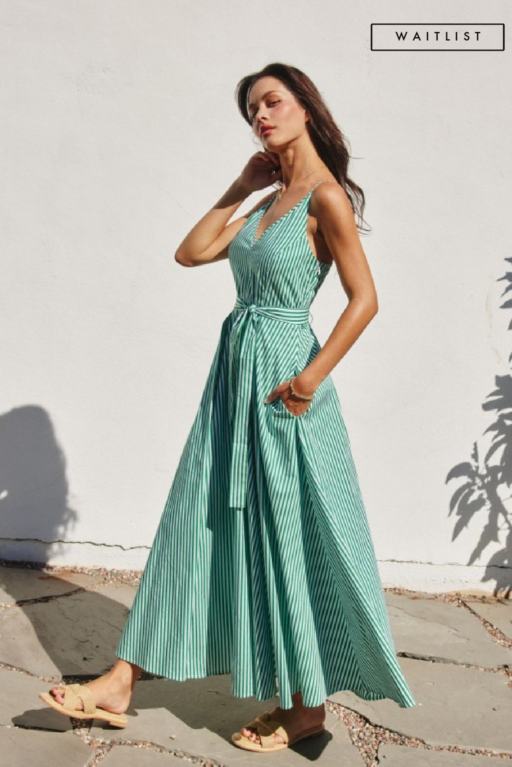 Sleeveless Waist Tie Stripe Print Maxi Dress Green