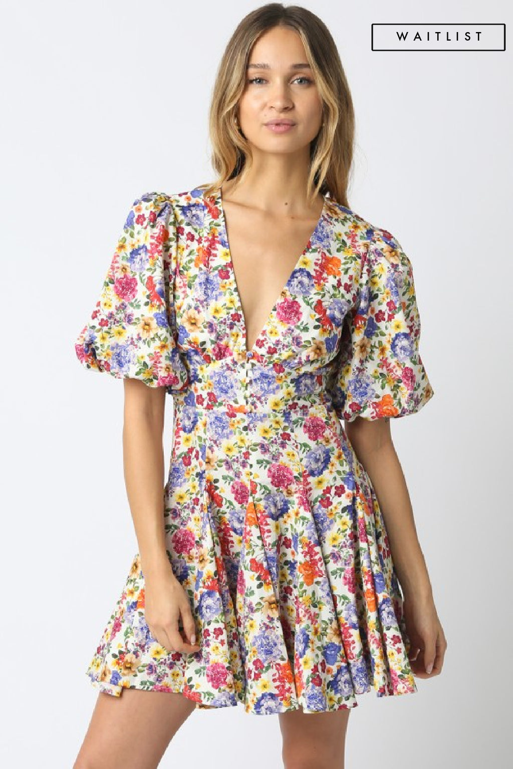 Short Bubble Sleeve Floral Print Mini Dress White