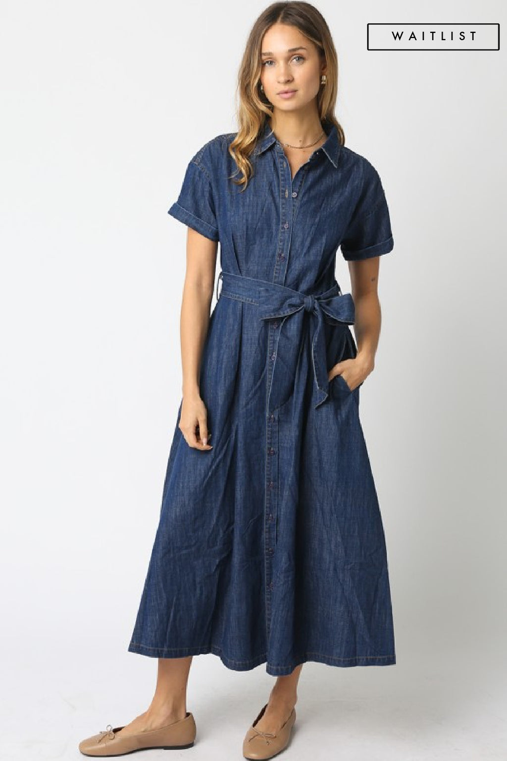 Short Sleeve Button Down Waist Tie Denim Midi Dress Dark Wash