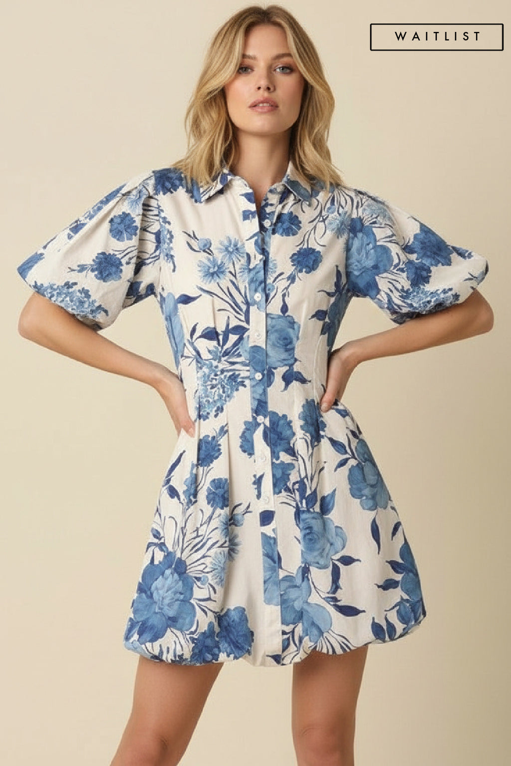 Short Sleeve Button Down Floral Print Bubble Mini Dress White