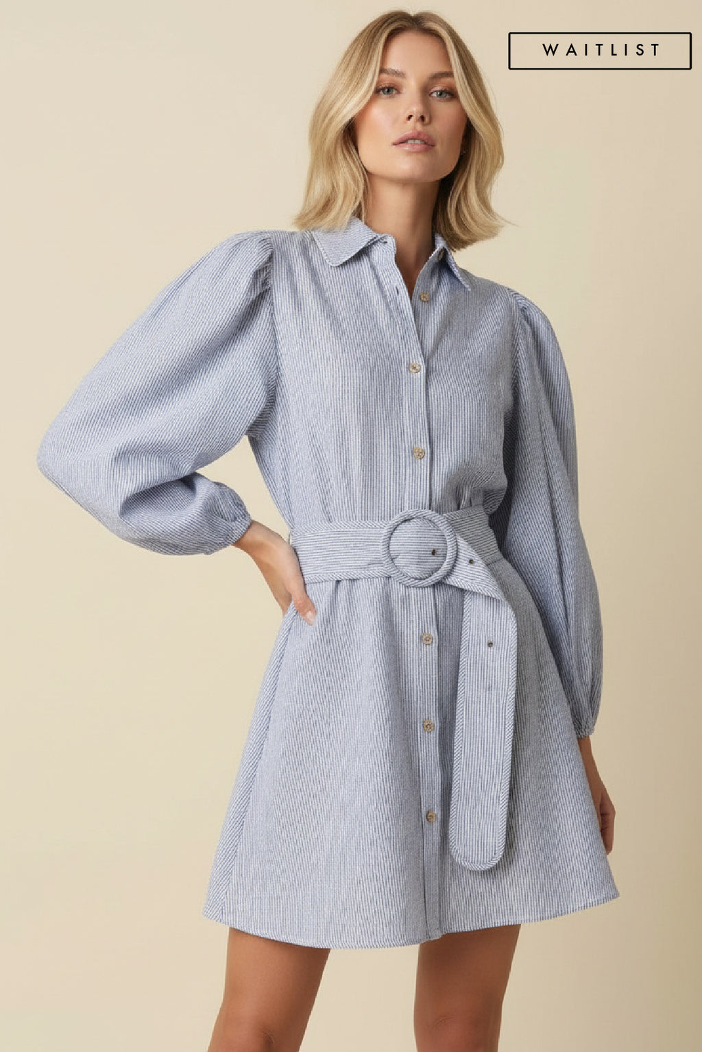  Long Sleeve Belted Stripe Print Linen Mini Dress Blue