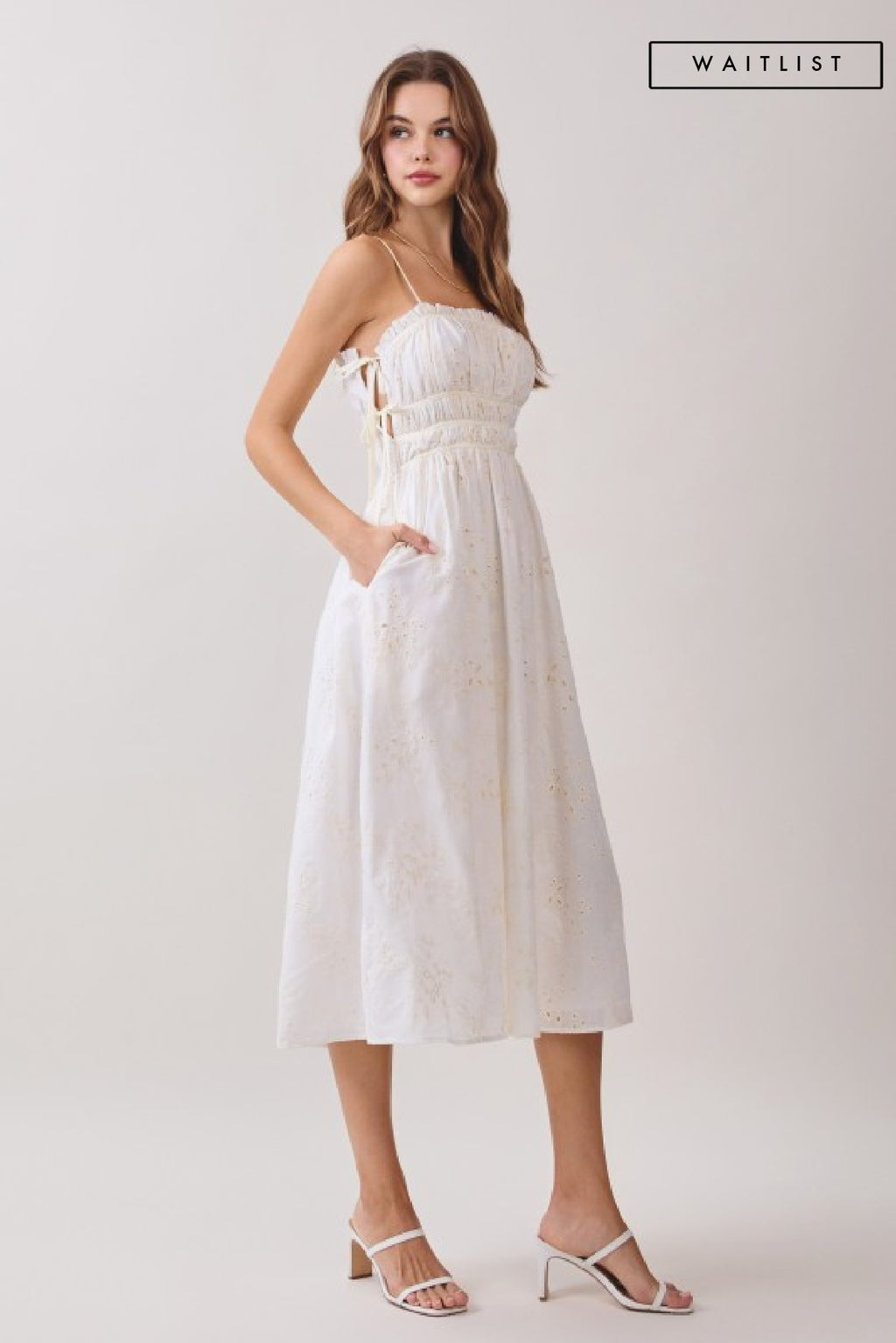 Sleeveless Floral Print Eyelet Midi Dress White