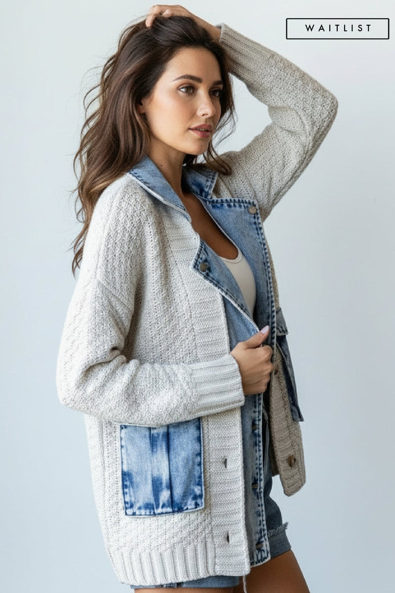 Waitlist 12/28 • Clarissa Long Sleeve Cable Knit Denim Trim Shacket Cream