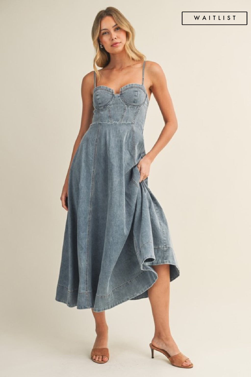  Sleeveless Corset Denim Midi Dress Medium Wash
