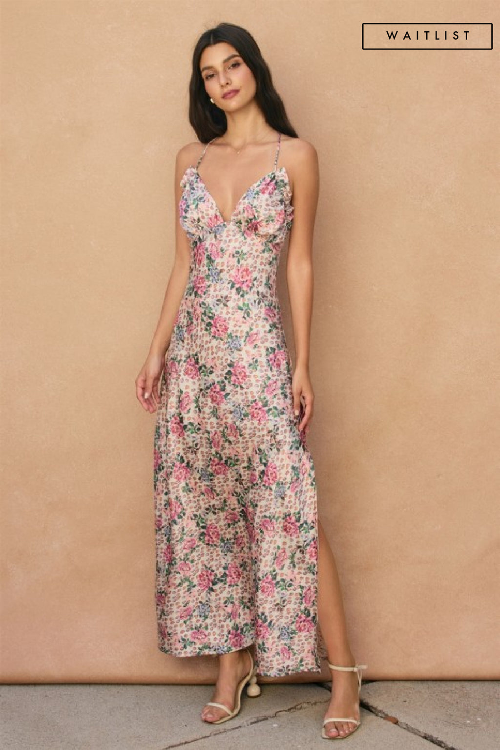 Sleeveless Halter Floral Print Maxi Dress Pink