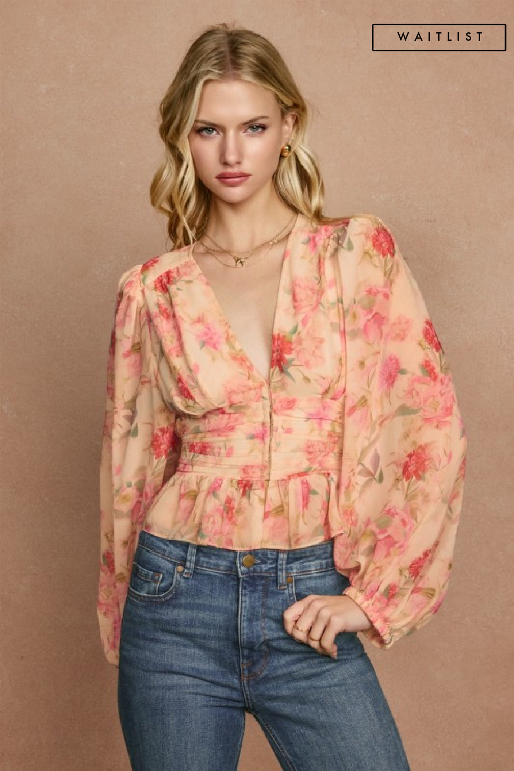 Long Sleeve Button Down Floral Print Peplum Top Peach