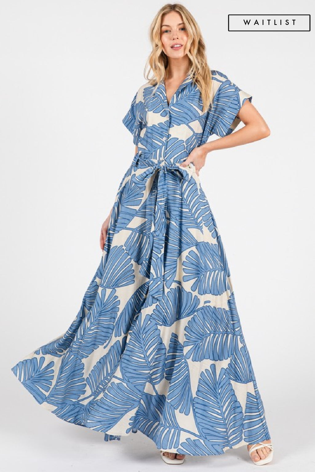 Short Sleeve Waist Tie Tropical Print Maxi Dress Blue